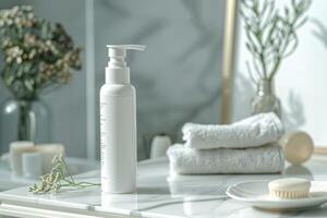 White skincare bottle on a bathroom countertop with towels and decorative elements in natural light photo