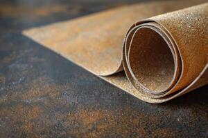 Close-up of a rolled cork mat on a textured surface in a warm environment photo