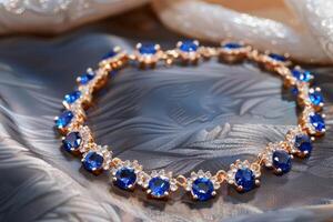 Elegant blue gemstone necklace displayed on a textured fabric background in soft natural light photo