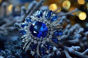 Sparkling blue and silver brooch resting on frosted pine branches with warm bokeh lights in the background photo