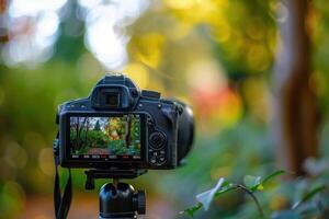 A camera on a tripod captures a vibrant garden during golden hour in a lush outdoor setting photo