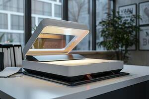 Modern document scanner on a sleek desk in a bright office with plants and large windows photo