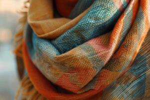 Colorful textured scarf displayed in soft light during autumn photo