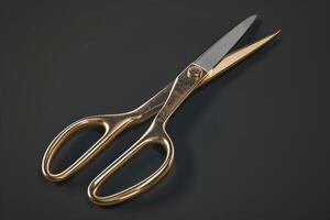 A close-up of a gold-colored pair of scissors resting on a dark surface photo