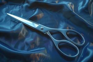 Sharp stainless steel scissors resting on smooth blue fabric photo