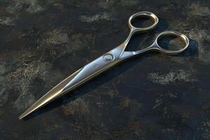 Stainless steel scissors resting on a textured dark surface photo