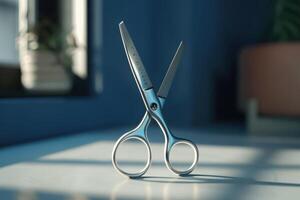 Shiny silver scissors placed on a table with soft sunlight streaming through a window in a modern workspace photo