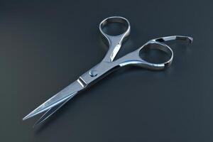 Metal scissors lying on a dark surface with a sleek design photo