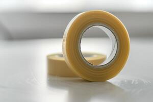 Two rolls of clear adhesive tape on a flat surface with natural light in the background photo