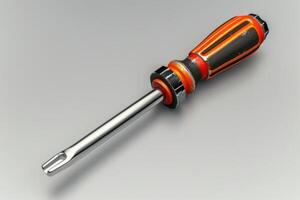 A close-up view of a flathead screwdriver with a vibrant orange and black handle resting on a neutral background photo