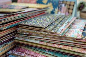 Stack of colorful decorative paper in a crafting workshop during daylight hours photo