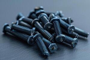 Close-up view of a pile of metal screws on a dark surface photo