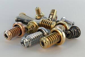 A collection of various screws arranged on a light background showcasing different materials and finishes photo