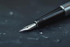 Elegant fountain pen resting on a textured black surface, ready for writing in a quiet study environment photo