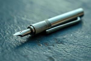 Silver fountain pen resting on a dark wooden surface during daylight photo