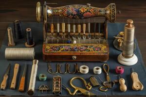Vintage sewing tools and equipment displayed on a wooden table in a well-lit workshop photo