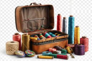 Colorful sewing threads and tools arranged in an open vintage sewing case on a white background photo