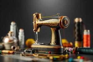 Vintage sewing machine surrounded by colorful threads and sewing supplies on a dark background photo