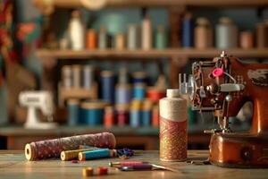 Vintage sewing machine with colorful threads and supplies in a cozy workshop photo