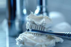 Toothbrush resting on a dollop of toothpaste in a bathroom setting during the morning routine photo