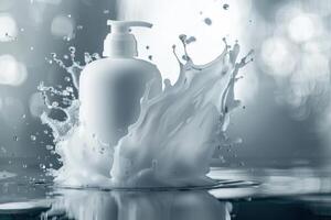 A white pump bottle splashes into calm water, creating ripples and droplets in a serene environment photo