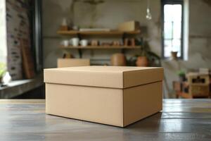 A brown cardboard box placed on a wooden table in a cozy, minimalistic indoor space filled with plants and pottery photo