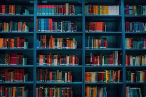 A colorful bookshelf filled with various books in a library setting during the daytime photo