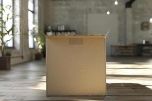 An empty cardboard box in a modern, sunlit loft workspace during the day photo