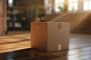 A solitary cardboard box on a wooden floor in a sunlit room during the afternoon photo
