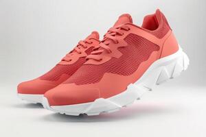 Stylish coral athletic shoes on a neutral background showcasing modern design and lightweight features photo