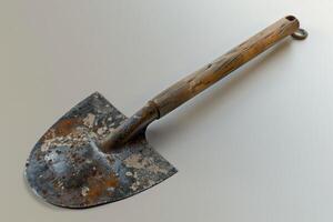 Vintage gardening shovel with a wooden handle and rusty metal blade displayed on a light background photo