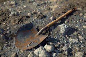 Rusty shovel resting on rocky ground at a construction site during daylight photo