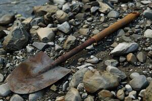 Rusty shovel resting on a rocky riverbank during daylight hours photo