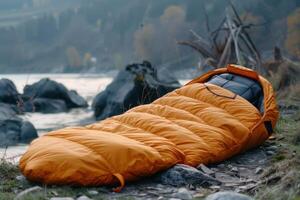 Cozy orange sleeping bag positioned beside a serene river in a mountainous area during early morning photo