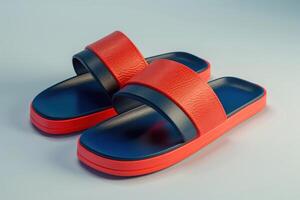Stylish red and blue slide sandals displayed on a light background photo