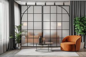Modern living room with glass partition and velvet armchair in a cozy setting photo