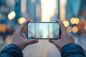 Person capturing a cityscape at sunset with a smartphone amid bright lights and tall buildings photo