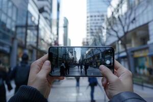 Person taking a smartphone photo of a busy street in an urban area with tall buildings during the day
