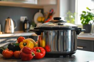 Fresh vegetables beside a stainless steel pressure cooker in a bright kitchen photo