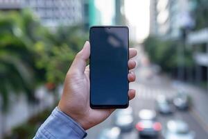 A person holds a smartphone in a busy city street during daytime with blurred traffic in the background photo