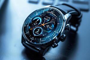 A modern smartwatch displaying time and health metrics on a sleek black surface photo