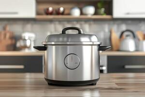 A stainless steel rice cooker on a kitchen countertop with wooden shelves and various kitchenware in the background photo
