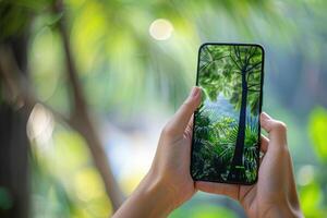 Person holding a smartphone displaying a lush green forest scene with vibrant foliage photo