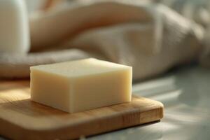 A bar of handmade soap rests on a wooden cutting board in soft natural light photo