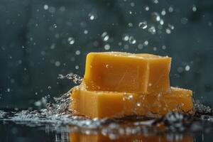 Water splashing over yellow cheese blocks on a dark background, creating a vibrant and dynamic effect photo