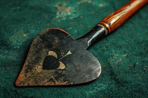 Heart-shaped garden spade resting on a textured green surface photo