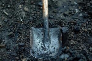A rusty shovel rests on dark, freshly turned soil in a garden during the early morning light photo