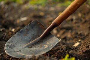 Shovel resting on freshly tilled soil in a gardening space during golden hour photo