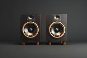 Classic wooden speakers on display with a minimalist background in a modern setting photo