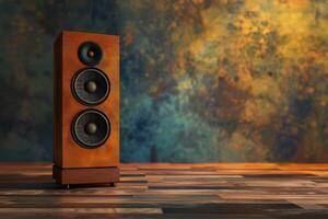 A vintage wooden speaker stands on a wooden floor against a colorful textured wall photo